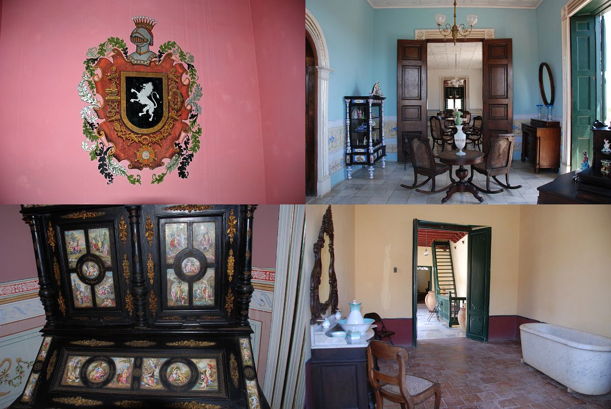 34 Cuba - Trinidad - Plaza Mayor - Palacio Brunet, Museo Romantico - coat of arms, room with porcelain figures, antique Venetian bureau, marble bathtub